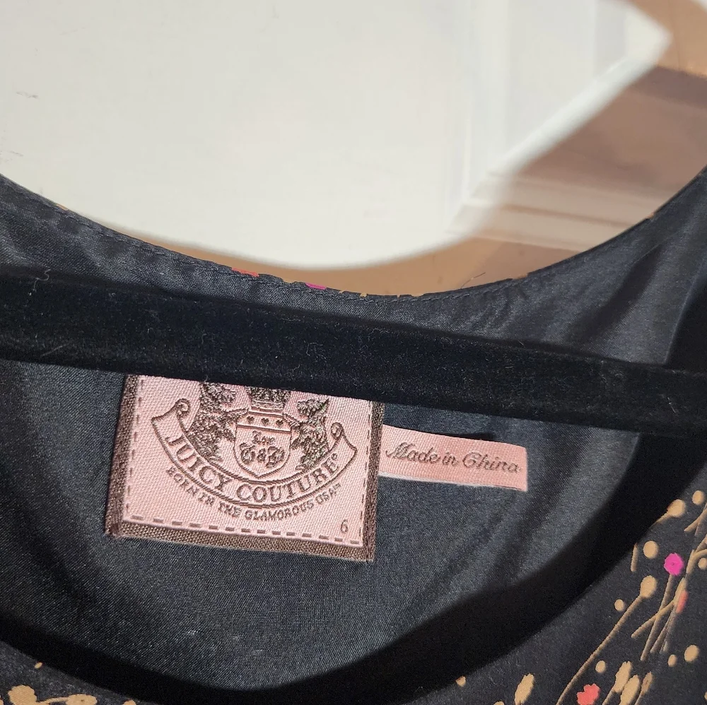 Juicy Couture Black Floral 100% Silk Tiered Ruffle Short Sleeve Dress Sz 6